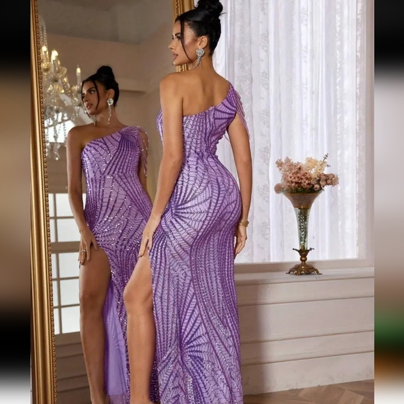 Glamorous One-Shoulder Lavender Gown - Picture 3 of 11